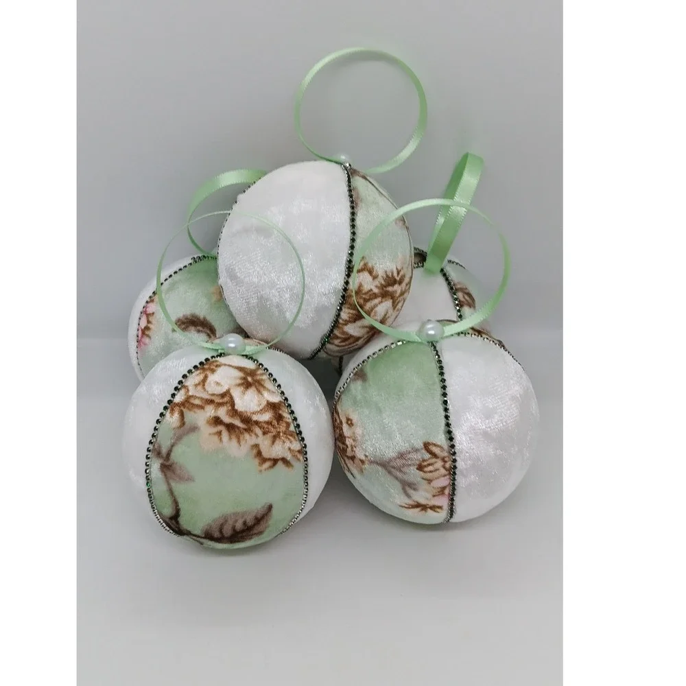 8pc Handmade Kimekomi Christmas Ornaments Lime Green Velvet Floral Rhinestone